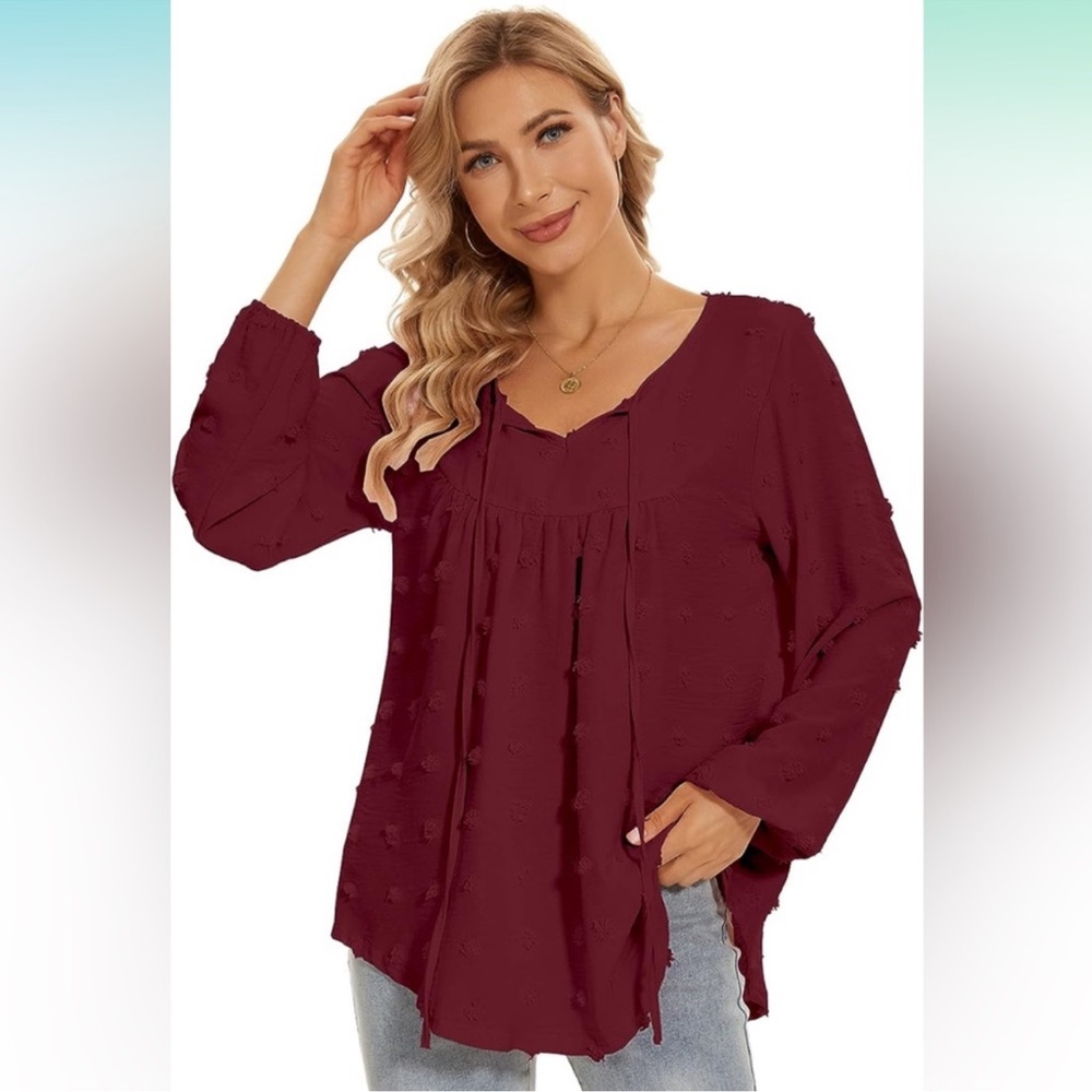 Women's Swiss Dot v neck Burgundy Blouse